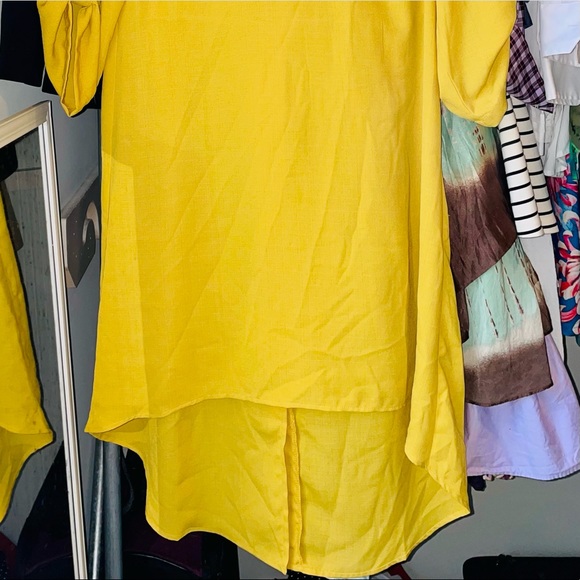 Blu Heaven mustard yellow tunic shirt elbow length sleeves high low hem buttons - Picture 2 of 4